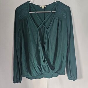 miami Long Sleeve Criss Cross Top Blouse XS Green Embroidered Details